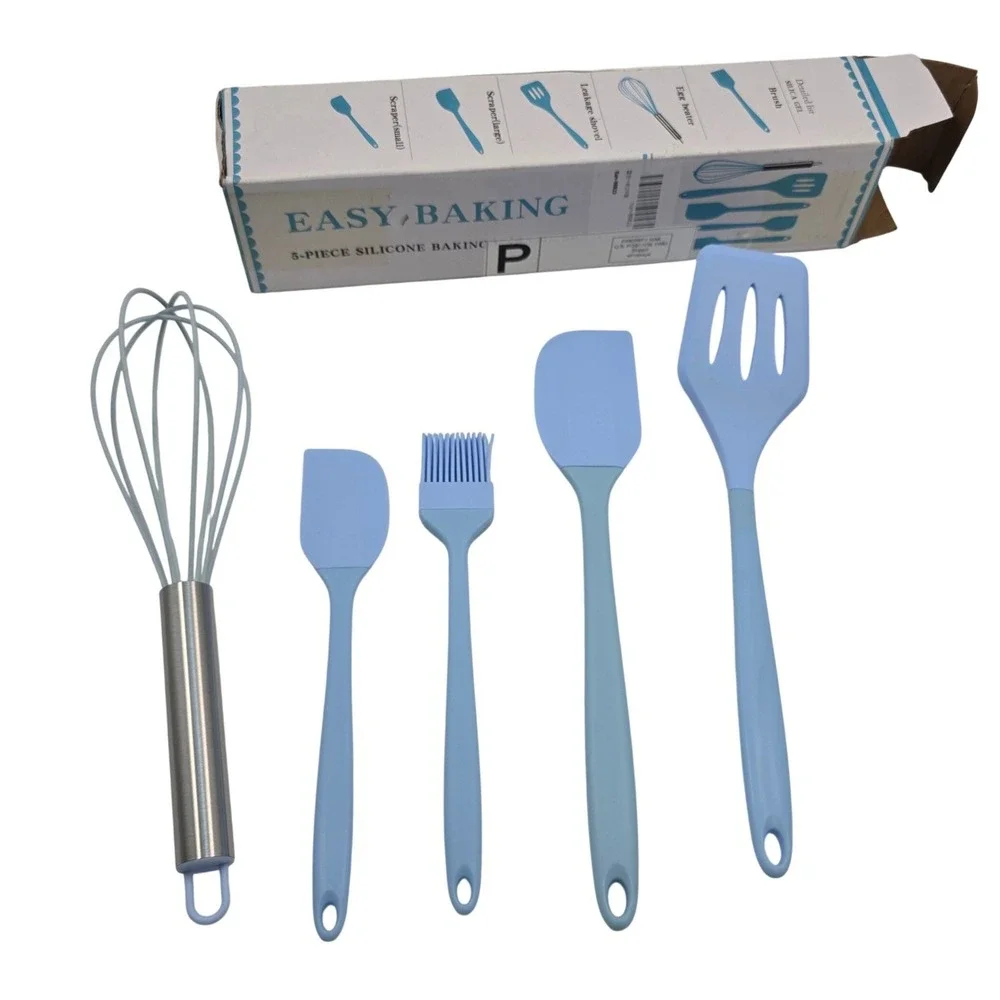 Easy Baking 5 Piece Silicone Kitchen Utensil Set Blue Spatula Whisk Brush BPA L4